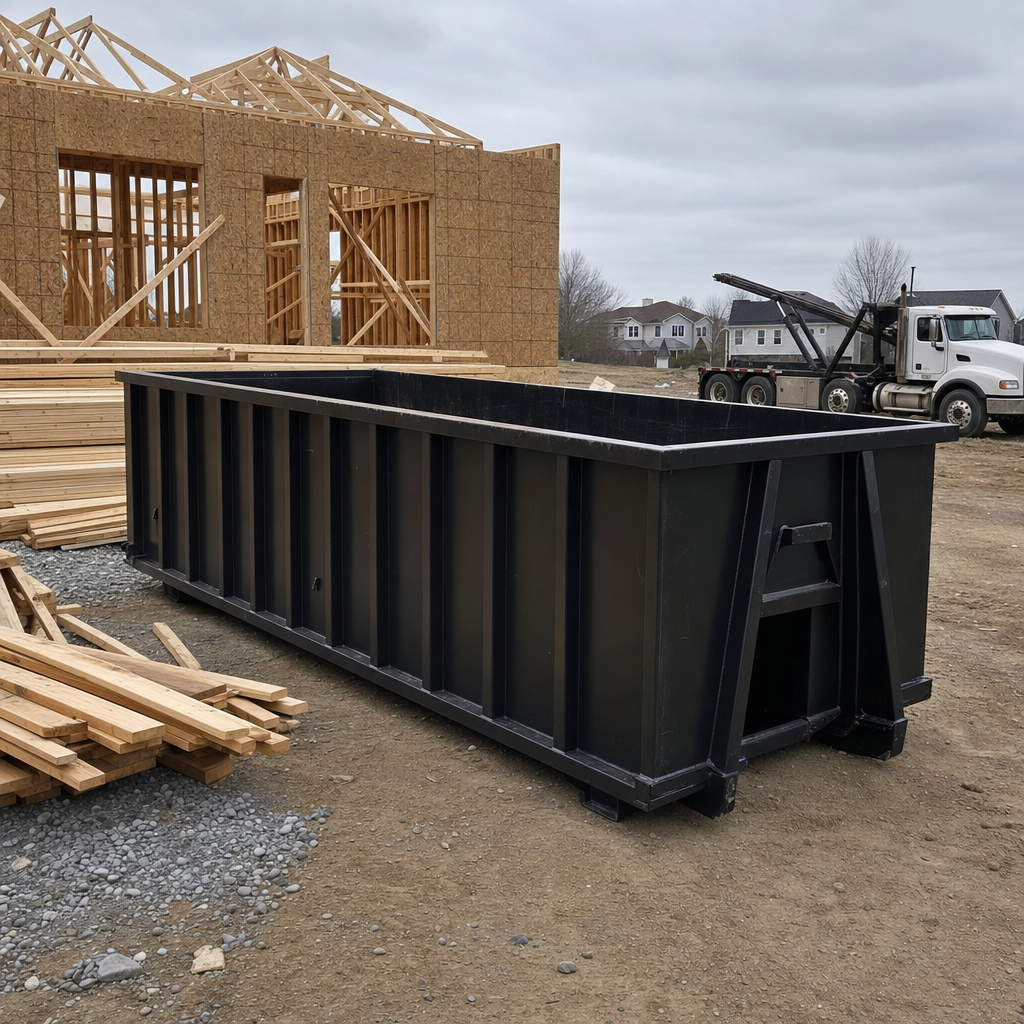 Matte-black 40-yard roll-off dumpster staged on a framed-out residential construction site in Fort Wayne, framing lumber stacked nearby, hooklift delivery truck visible in the background under bright Colorado daylight