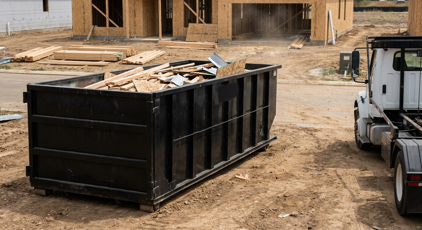 Matte-black 20-yard roll-off construction dumpster with heavy ribbed steel sidewalls and swing rear doors at a working jobsite in Fort Wayne, sitting directly on compacted dirt with an unmarked white hauler partially visible at the far edge of the frame.