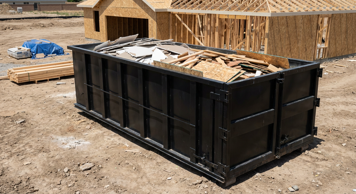 Matte-black 30-yard roll-off construction dumpster sitting directly on the compacted-dirt site of a framed single-family home build in Fort Wayne, drywall and lumber scrap loaded inside.