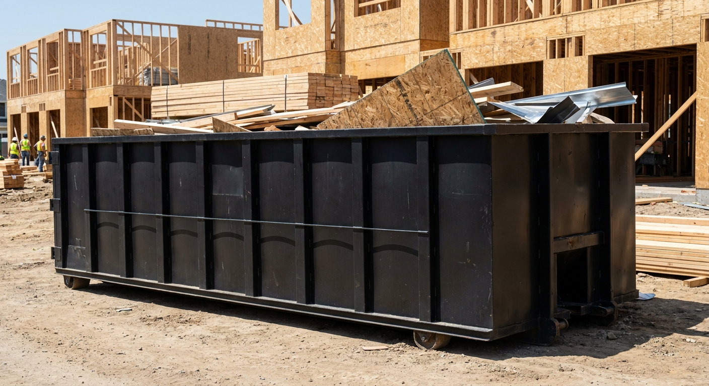 Matte-black 40-yard roll-off construction dumpster being lowered from a white-cab hooklift delivery truck onto the compacted-dirt jobsite at a commercial build site in Fort Wayne