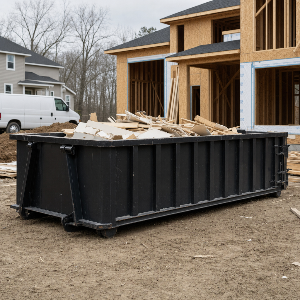 Worker in a yellow high-visibility vest tossing framing lumber and broken drywall into a matte-black 30-yard construction roll-off dumpster on an active build site in Fort Wayne, bright daylight