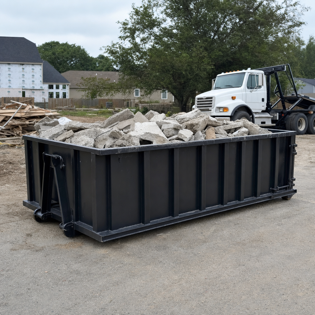 Low-profile matte-black lowboy roll-off dumpster loaded with broken concrete slab and rebar at a foundation tear-out in Fort Wayne, skid steer parked beside it, sunny Colorado morning