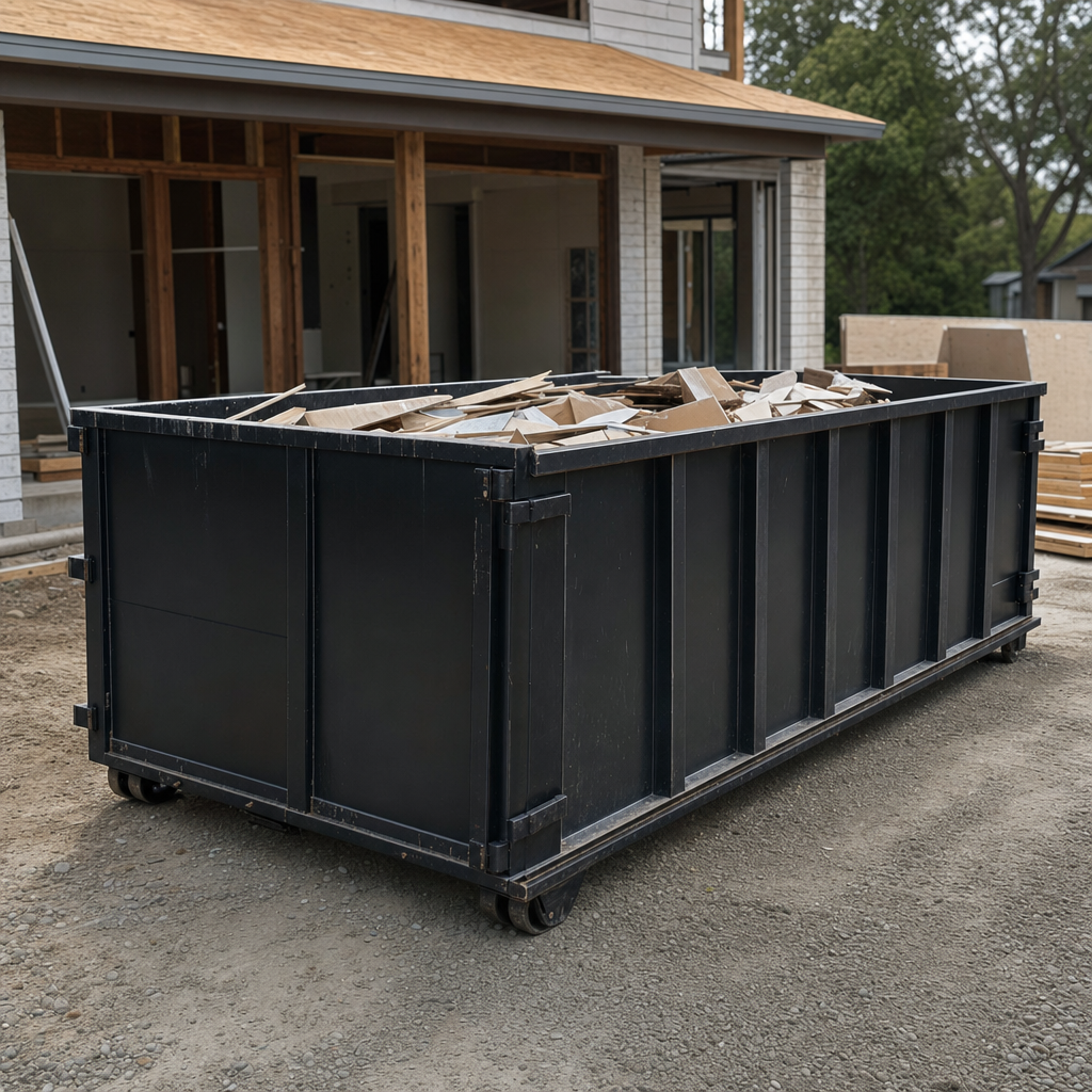 Large matte-black 30-yard construction roll-off dumpster at an active Fort Wayne jobsite, steel-gray top rails and bottom rollers visible, loaded with construction debris.