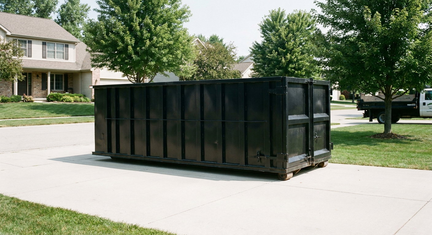 Matte-black 20-yard roll-off dumpster sitting level on a clean Fort Wayne residential concrete driveway under bright daylight, demonstrating clean placement directly on the concrete.