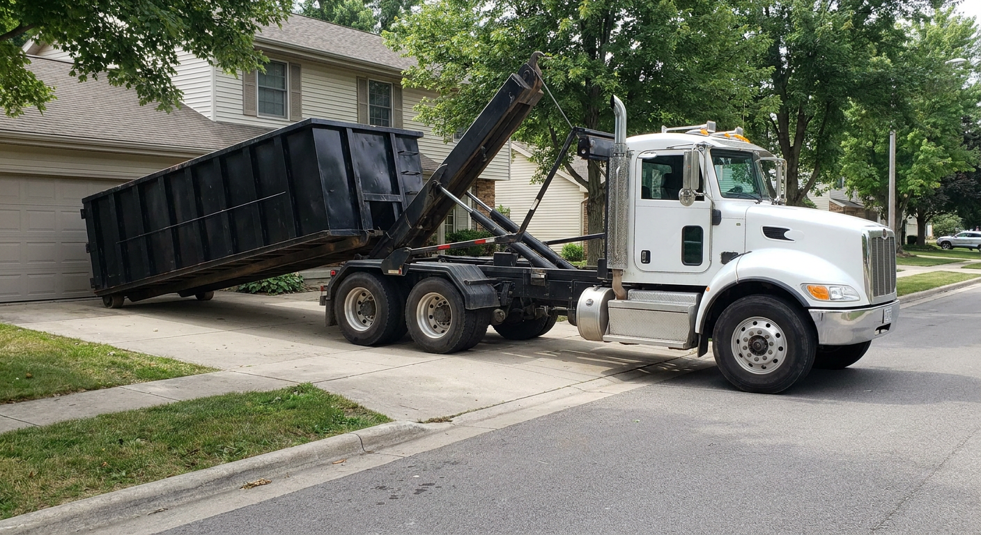 White-cab hooklift roll-off truck actively lowering a matte-black dumpster onto a Fort Wayne residential concrete driveway, the dumpster's rear wheels touching the driveway as the hoist arm tilts the bed forward, mid-morning daylight.