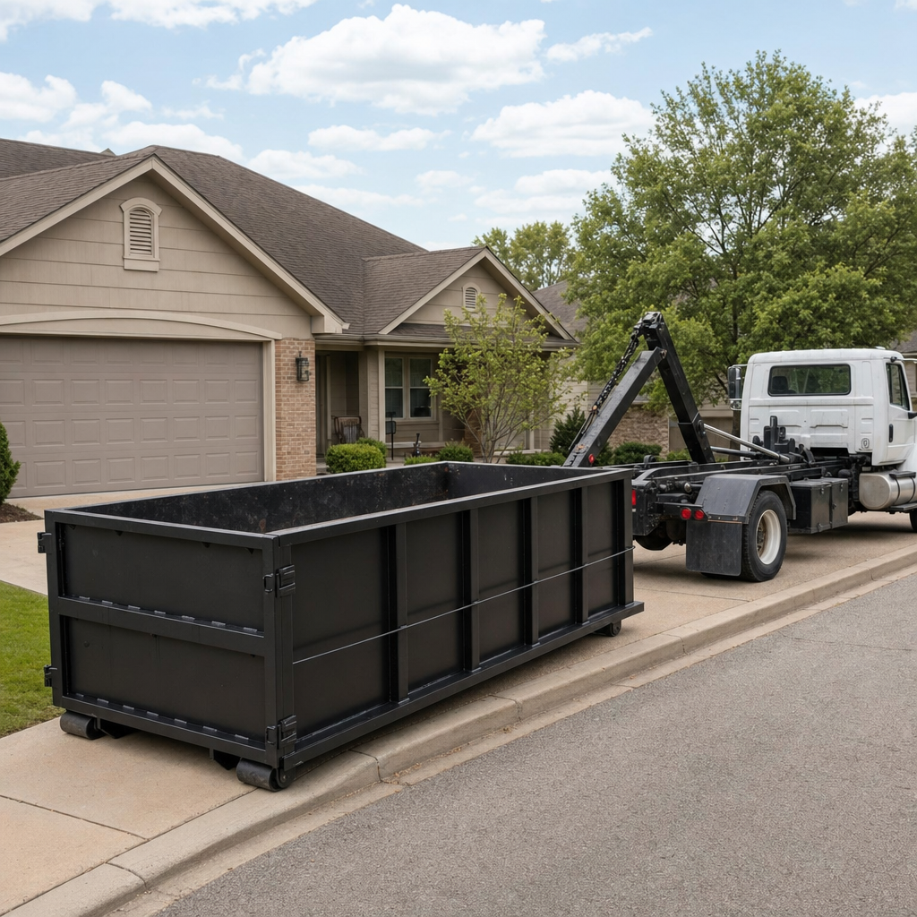 Wide documentary shot of a matte-black roll-off dumpster on a Fort Wayne residential driveway in the foreground and a contractor jobsite container in the soft-focus background, bright daylight, calm and orderly composition.