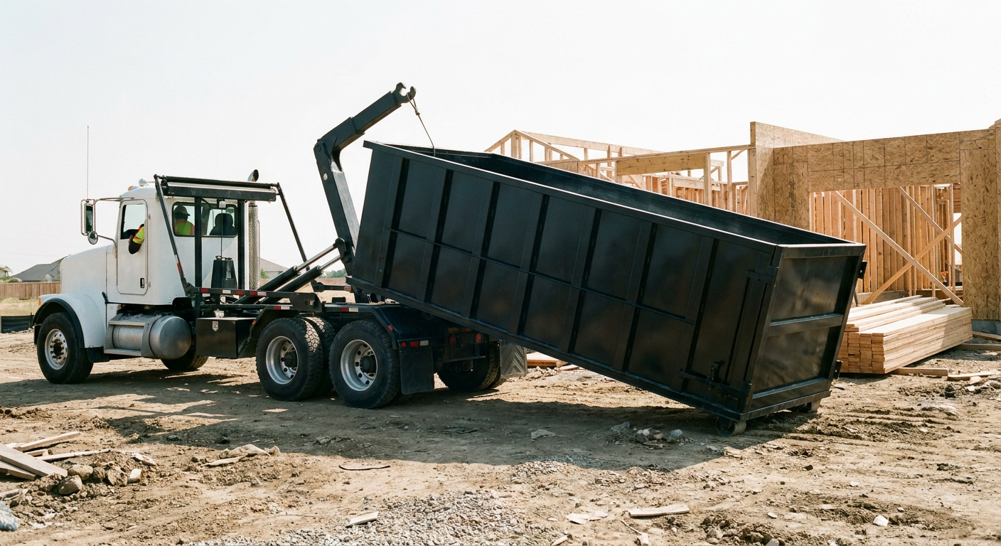 Matte-black roll-off dumpster being delivered onto a clean residential concrete driveway in Fort Wayne by an unmarked white hooklift hauler truck, bright morning daylight, documentary 35mm perspective.