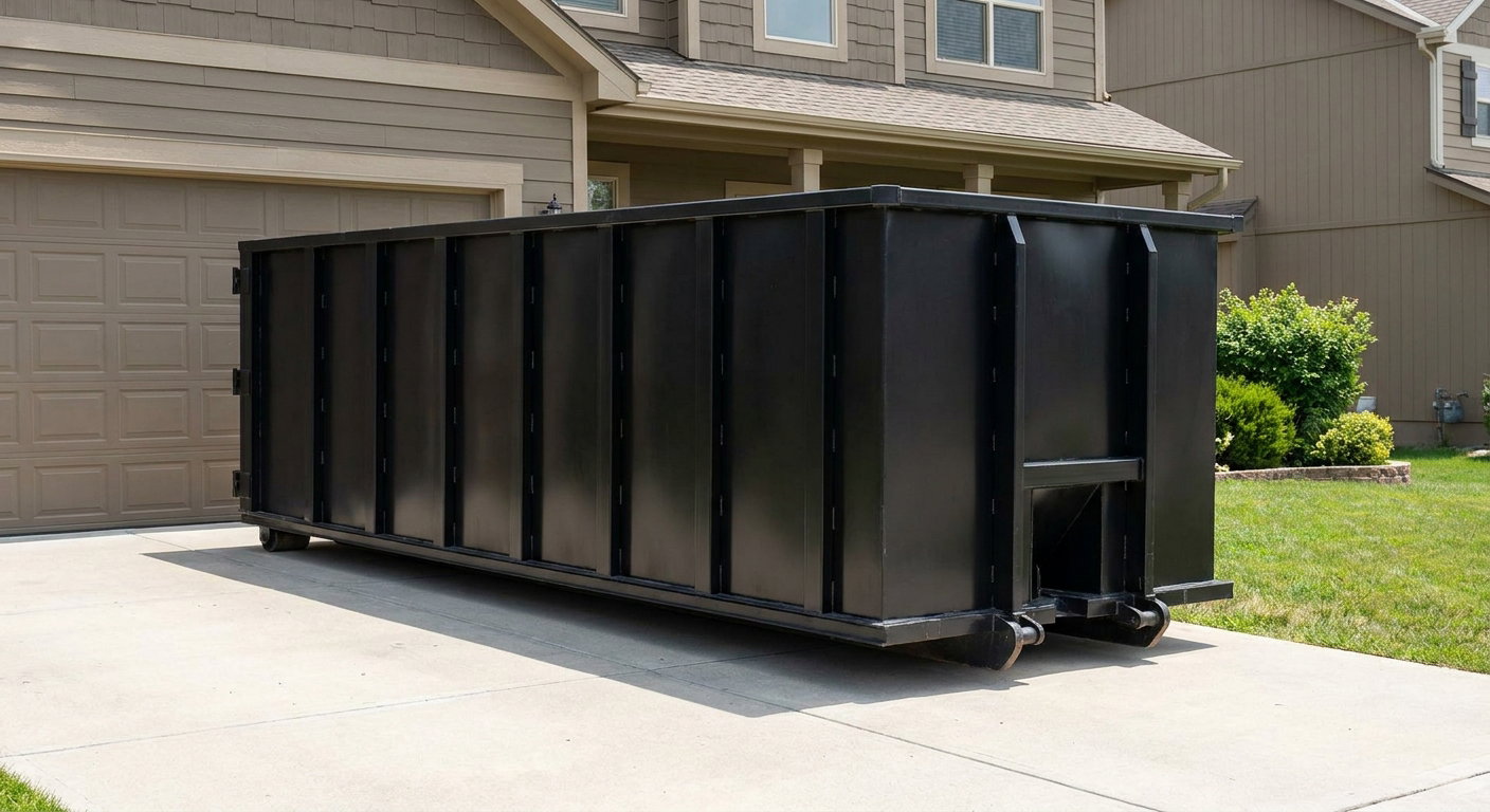 Matte-black residential roll-off dumpster sitting directly on a suburban Fort Wayne concrete driveway, garage door closed, single-family home in background, bright morning daylight.