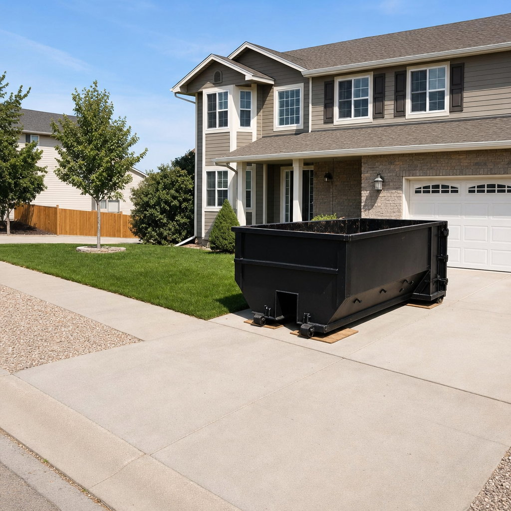 10-yard matte-black residential dumpster placed directly on a narrow Fort Wayne concrete driveway, room remains for a parked sedan beside it, mid-morning natural light