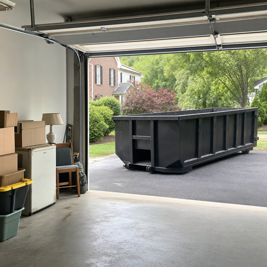 Open garage interior in a Fort Wayne home mid-cleanout — boxed items, an old appliance, and stacked yard tools queued near the driveway for a matte-black roll-off dumpster, organized and calm