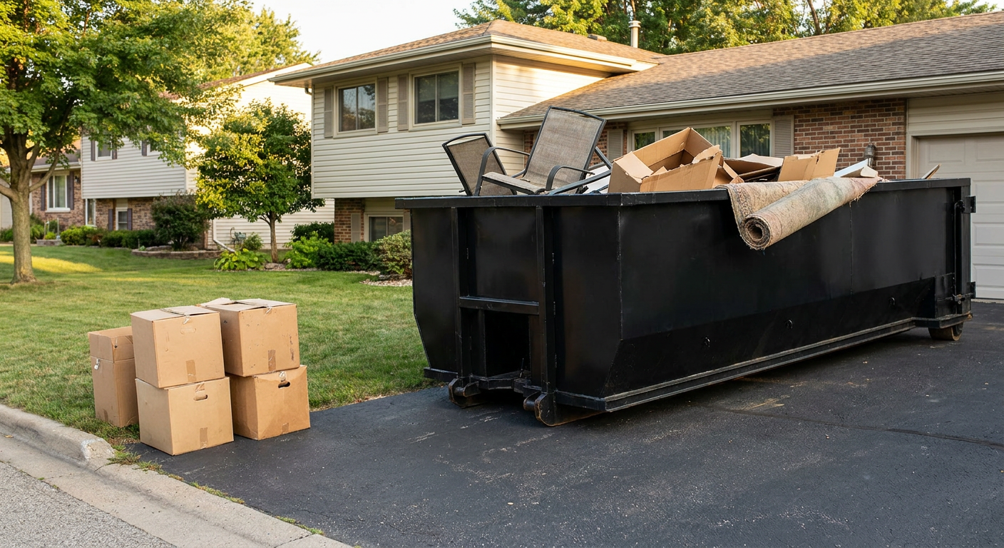 Front-yard view of a Fort Wayne split-level home with a 20-yard matte-black roll-off dumpster sitting directly on the asphalt driveway, a few clearly labeled donation boxes staged at the curb, calm sunny afternoon.