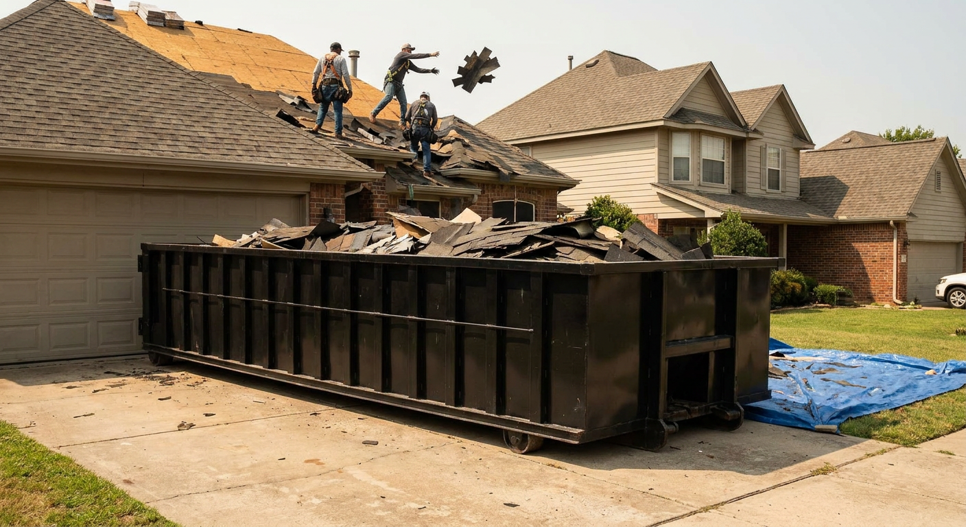Matte-black roofing roll-off dumpster placed directly on a Fort Wayne residential concrete driveway, a tear-off crew on a two-story asphalt-shingle roof tossing shingle bundles into the low-walled container, bright daylight, documentary 35mm perspective.