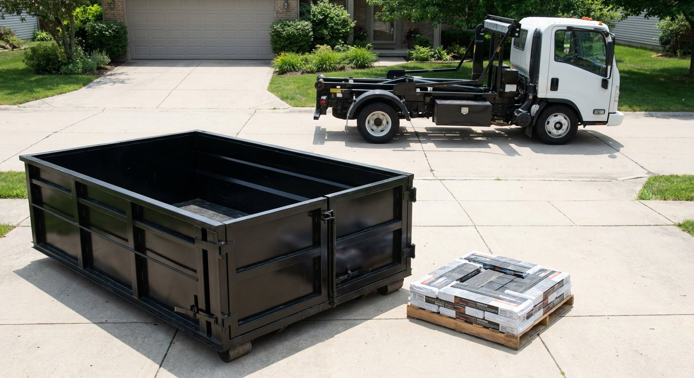 Matte-black 15-yard roofing roll-off dumpster with reinforced low side walls sitting directly on a Fort Wayne residential concrete driveway, three-tab asphalt shingle bundles stacked nearby, an unmarked white hauler truck partially visible at the edge of the frame.