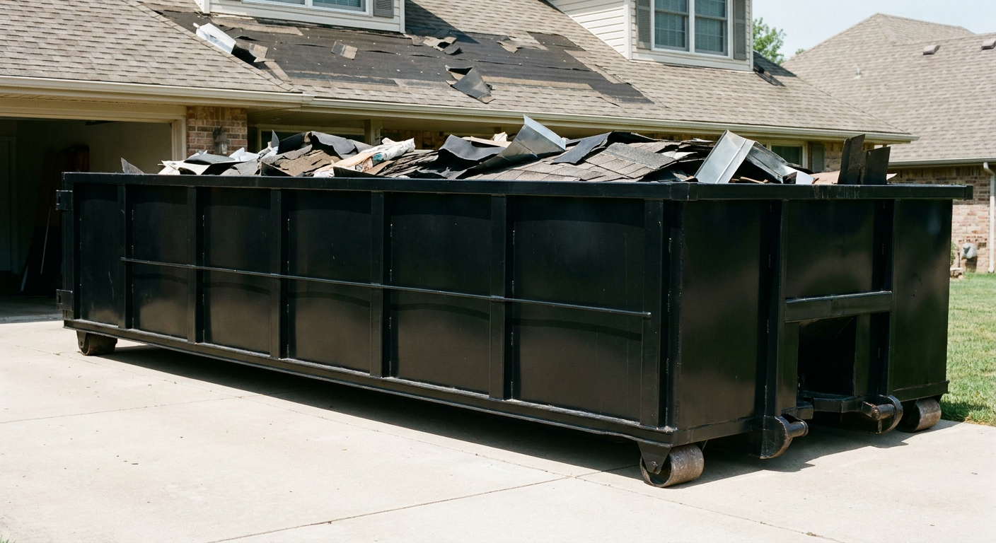 Matte-black 20-yard roofing roll-off dumpster with steel ribbed sides and swinging rear door, sitting directly on the concrete driveway of a two-story Fort Wayne home, asphalt shingle debris being loaded over the low wall, clean documentary lighting.