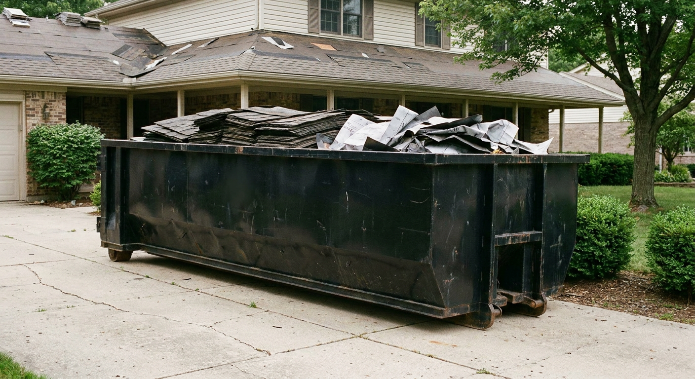 Matte-black 30-yard roofing roll-off dumpster sitting directly on a Fort Wayne concrete driveway, taller ribbed steel side panels, mixed tear-off debris of asphalt shingles and underlayment inside, professional documentary daylight.