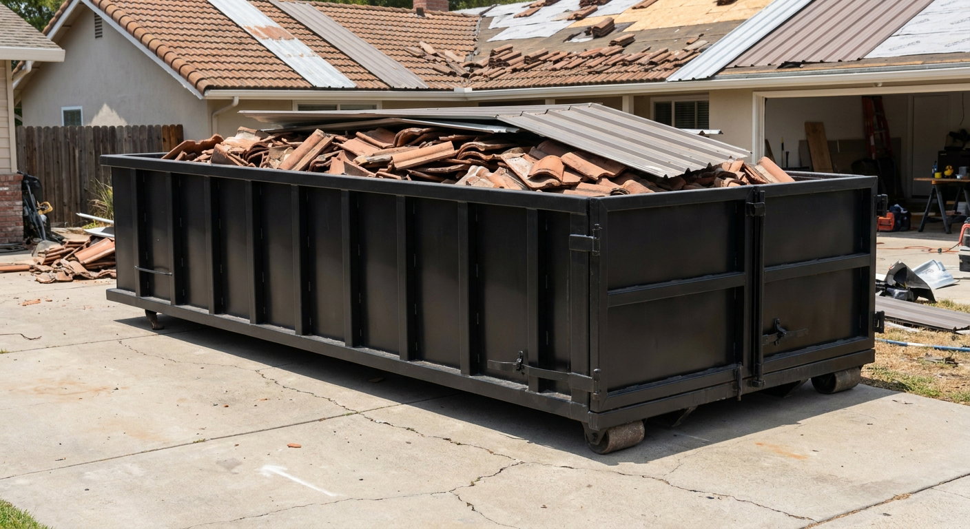 Matte-black low-wall heavy-debris roofing roll-off dumpster sitting directly on a Fort Wayne concrete driveway, broken concrete clay roof tiles and metal panel sections loaded inside, reinforced ribbed steel side walls visible, bright outdoor daylight.
