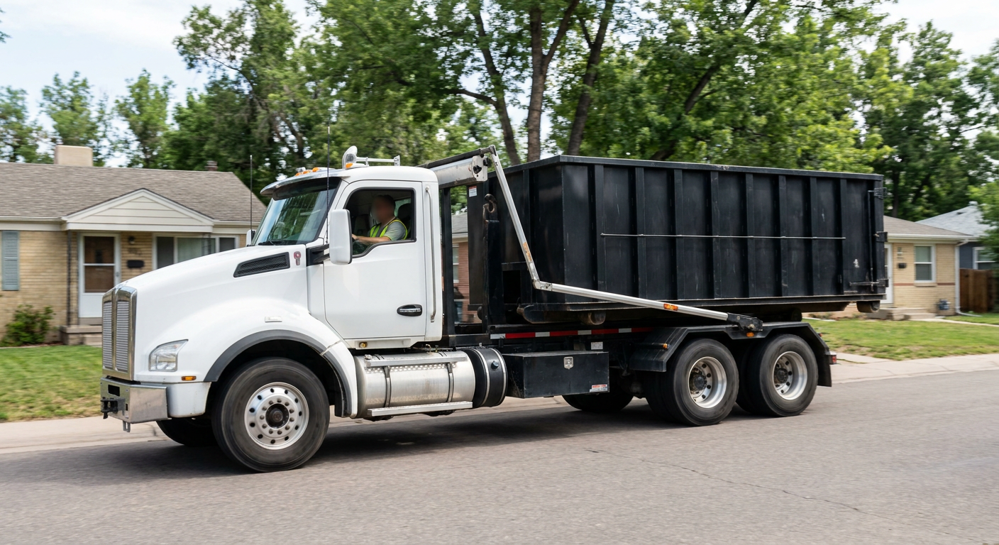 A wide documentary shot of a matte-black roll-off delivery truck pulling onto a quiet Fort Wayne residential street at mid-morning, with neighborhood rooftops and tree-lined blocks visible behind, showing the metro coverage footprint.