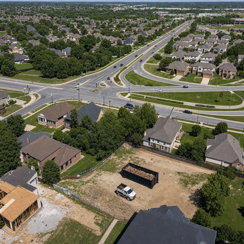 An overhead documentary view of the Fort Wayne metro area at midday, showing the spread of neighborhoods, arterial roads, and the dispatch radius from a central yard — clean daylight, organized geographic layout.