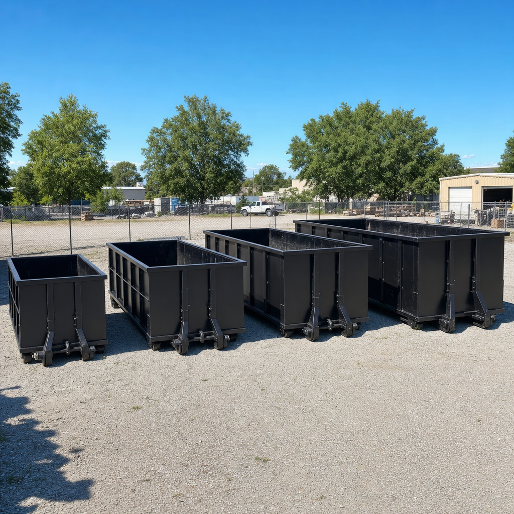 A clean lineup of matte-black roll-off dumpsters in 10, 20, 30, and 40-yard sizes staged on a sunlit gravel yard in Fort Wayne, showing the size progression from compact to commercial-scale containers.