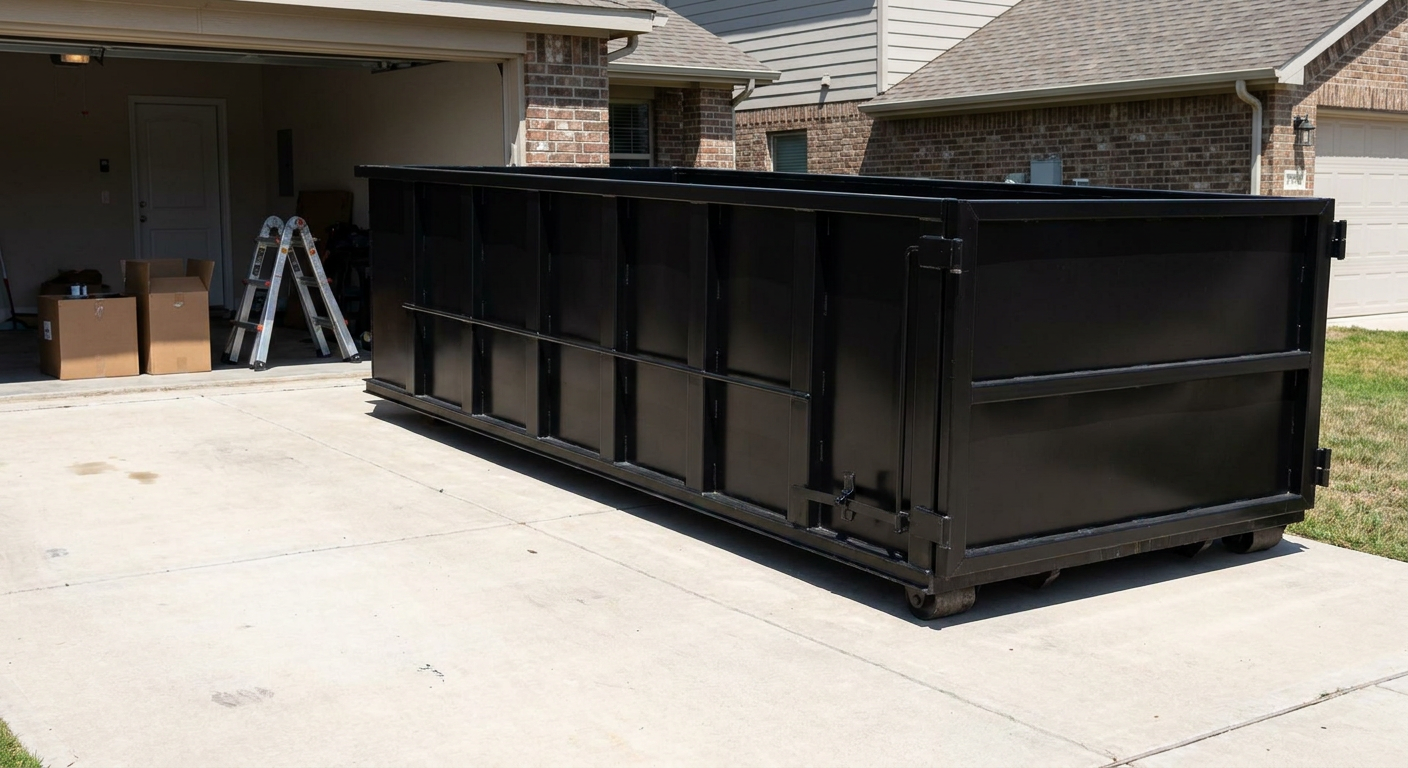 A matte-black 10-yard roll-off dumpster sitting directly on a residential Fort Wayne concrete driveway, mid-day sunlight, clean and ready for a garage cleanout.