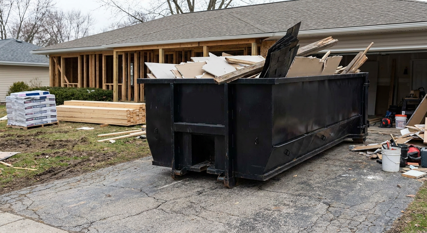 A matte-black 20-yard roll-off dumpster placed alongside a mid-renovation Fort Wayne home directly on the asphalt driveway, with framing materials and torn-off shingles staged neatly nearby.