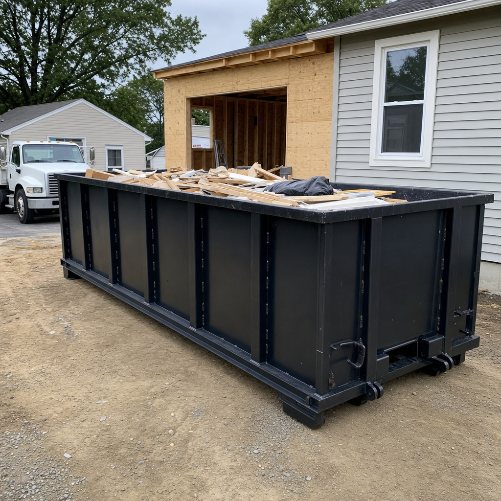 A matte-black 30-yard roll-off dumpster positioned at a Fort Wayne residential addition jobsite, with framing lumber and drywall scraps loaded through the open swinging rear doors.