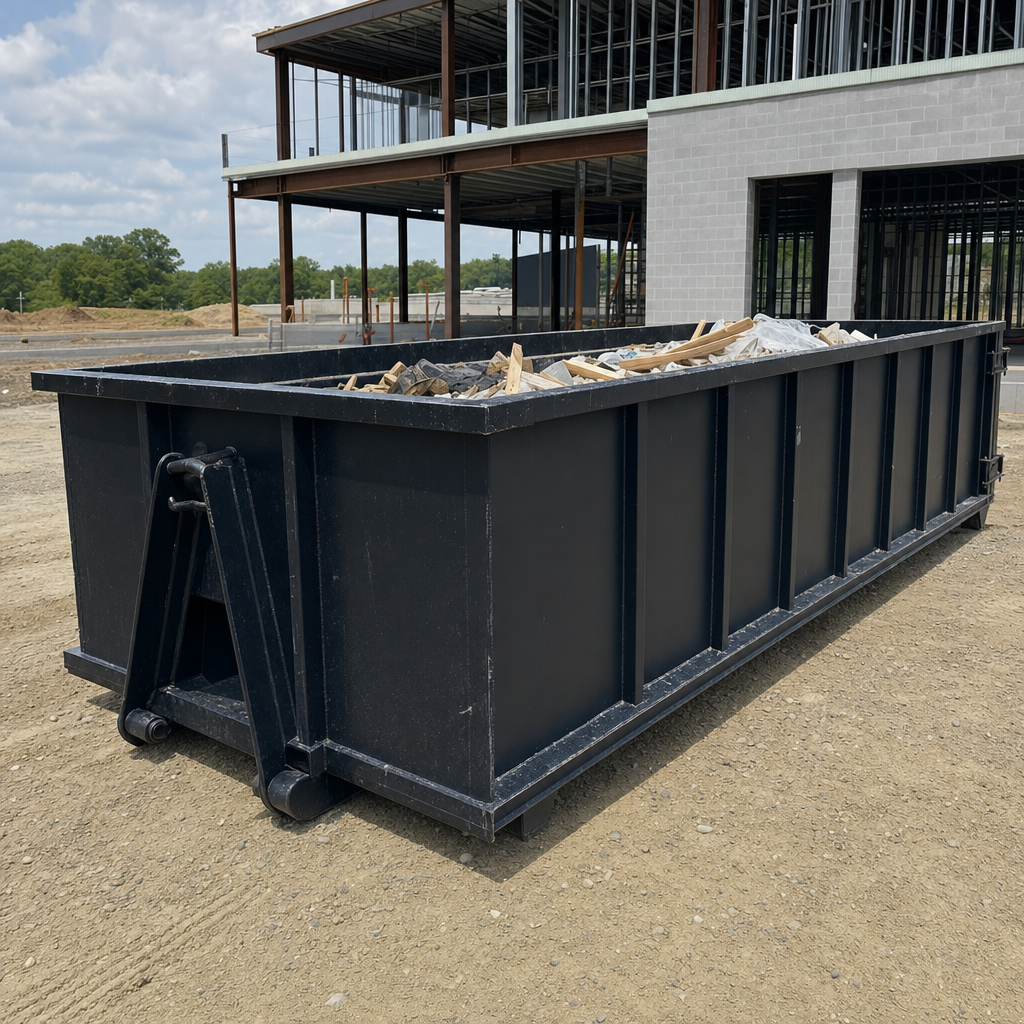 A matte-black 40-yard roll-off dumpster staged on a large Fort Wayne commercial construction lot, with a hooklift delivery truck parked alongside under bright midday sky.