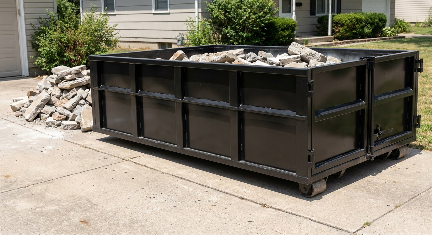 A matte-black low-side heavy-debris roll-off dumpster placed directly on a Fort Wayne concrete driveway, with broken concrete chunks neatly stacked beside it under clean daylight.